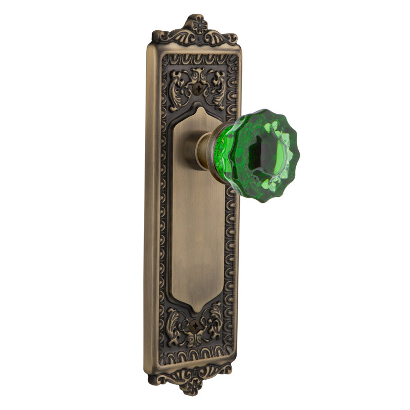 Plaque Egg & Dart avec bouton de porte émeraude en cristal, Laiton antique