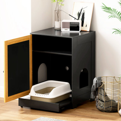 Enceinte de litière pour chat, table de bout en noir avec porte - planche à gratter sur la porte, conception à tiroirs pour l'entretien et le rangement