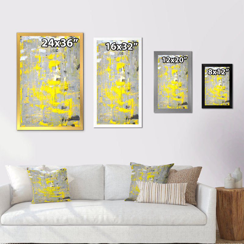 Jaune et gris fusionnant abstrait VI - œuvre d'art moderne et contemporaine sur toile, Cadre photo noir