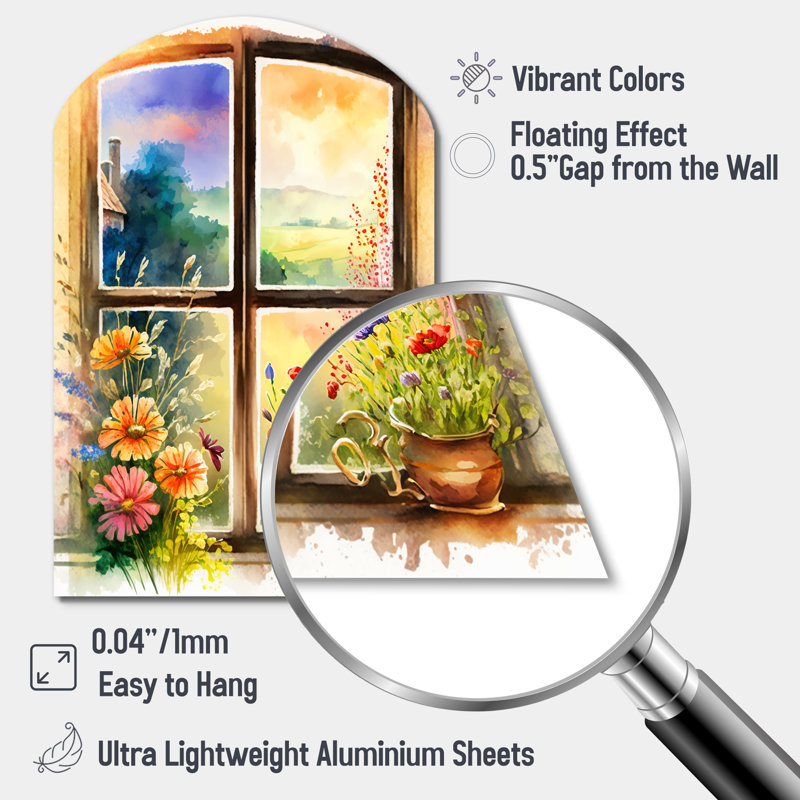 Été coucher de soleil floral fenêtre II - fenêtre de ferme asymétrique, décoration murale en métal, H 43 po x l 33 po