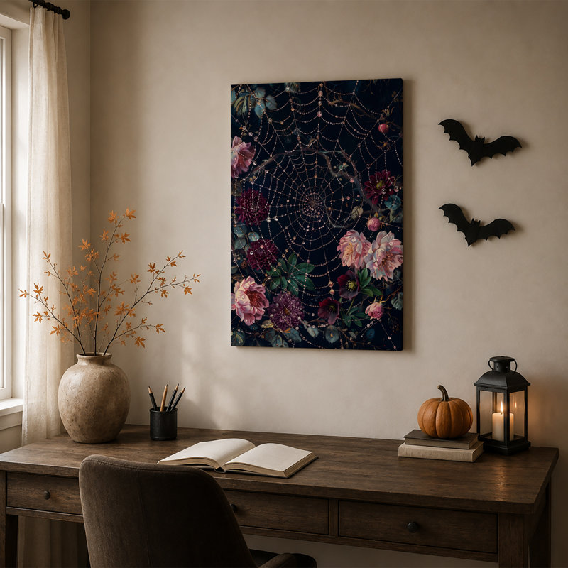 Art sur toile rose et mauve entouré de perles, H 30 po x l 20 po