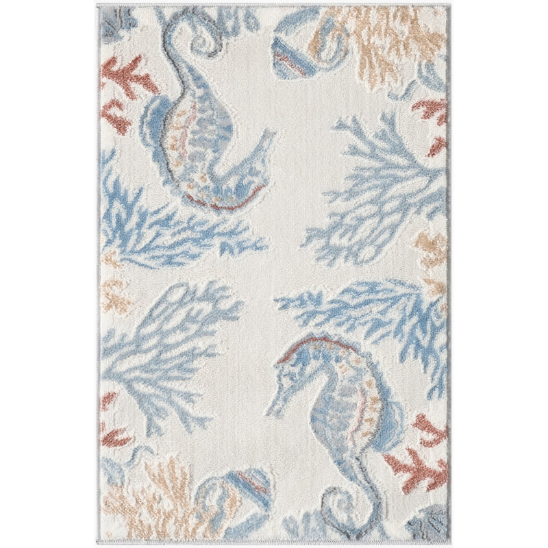 Baeza Animal Print Ivory/Blue/Red Area Rug, Runner 2' x 3'
