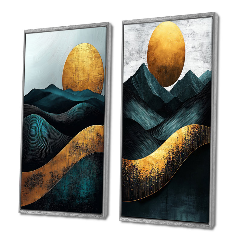 «Sunrise On Golden Emerald Mountains Horizon III», art mural 2 pièces, H 28 po x l 25 po, Encadrement argenté