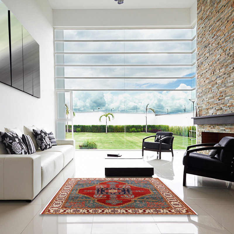 Tapis rouge / ivoire / bleu, Carré 5 pi