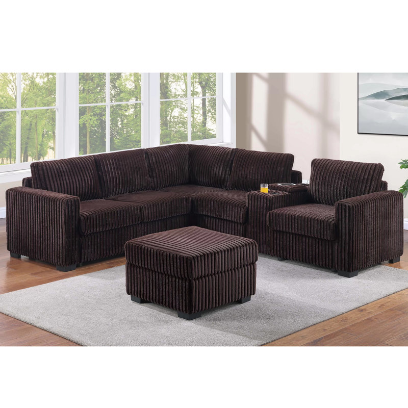 Fur-like Jumbo Corduroy Sectional Set With Ottoman, Brown Corduroy