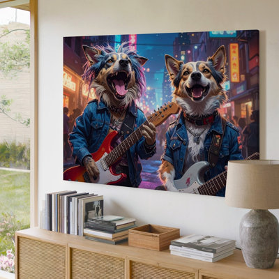 A Surreal Neon Lit Painting Of Two Dogs Canvas Playing Electric Guitars On A City Street At Wall Art Premium Quality Ready To Hang