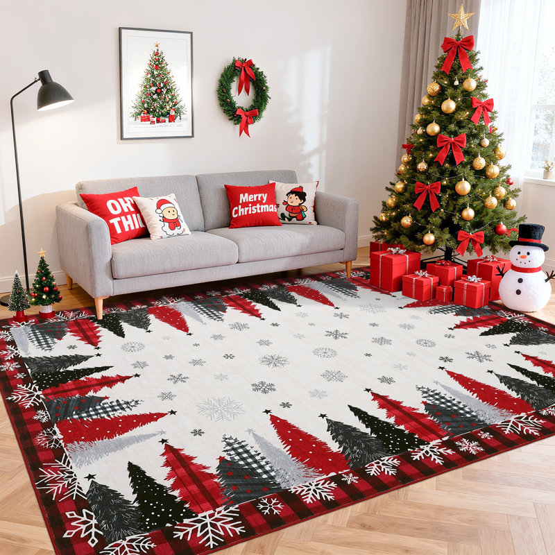 Tapis de Noël lavable à la machine 5 x 7 pi - Tapis antidérapant à motif velours Buffalo