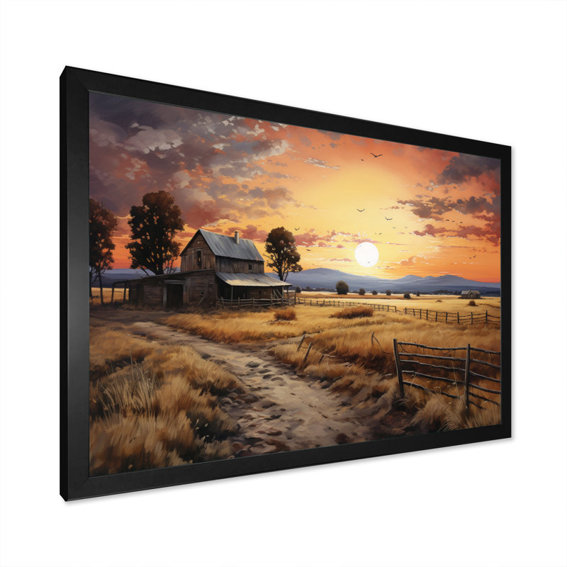 Paysage de grange au crépuscule IV - Art mural de grange pour le salon, H 30 po x l 40 po, Cadre photo unique, Noir
