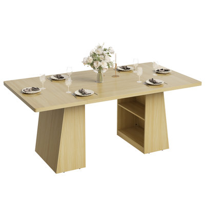 Table de salle à manger rectangulaire de 180 cm avec tablette de rangement, grande table de cuisine pour 4 à 8 personnes avec pieds épais, couleur naturelle