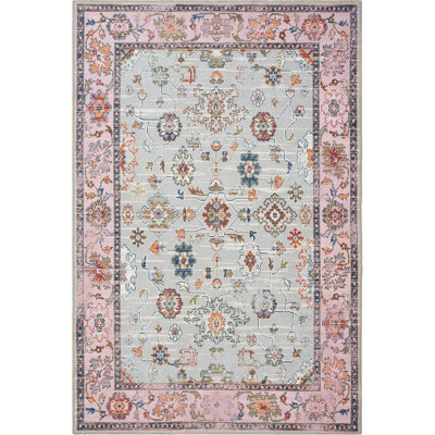 GLN Rugs Traditional Collection - Machine Washable Area Rug, Traditional Washable Rug, Non Slip Washable Rug, Low Pile Chenille Living Room Rug, Bedroom Rug, Kitchen Rug (Pink and Gray Rug)