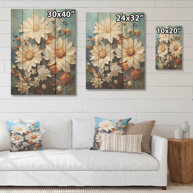 Marguerite blanche et orange Fields Forever - marguerites, art mural sur bois de pin naturel, H 20 po x l 10 po