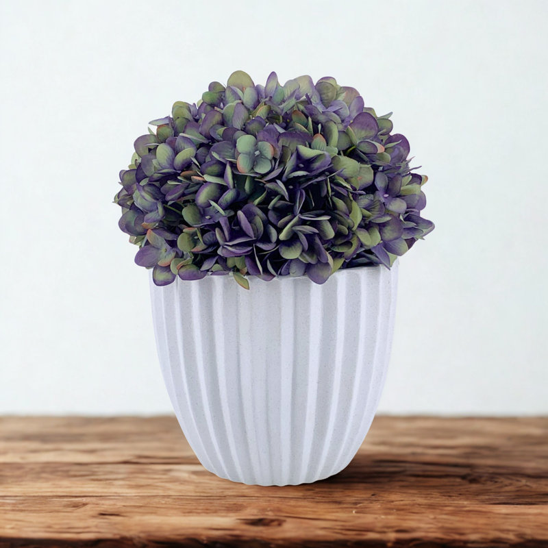 Arrangement de faux hortensias en céramique blanc pierre, Blanc, Mauve