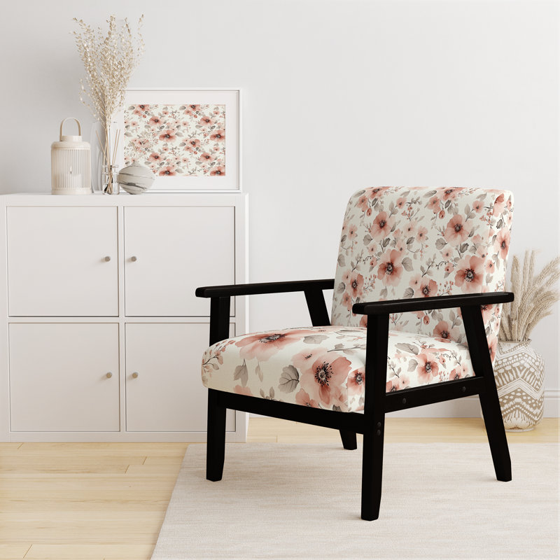 Chaise d'appoint Country Farmhouse - Fauteuil Black Blush Blossoms, Accoudoirs carrés noirs