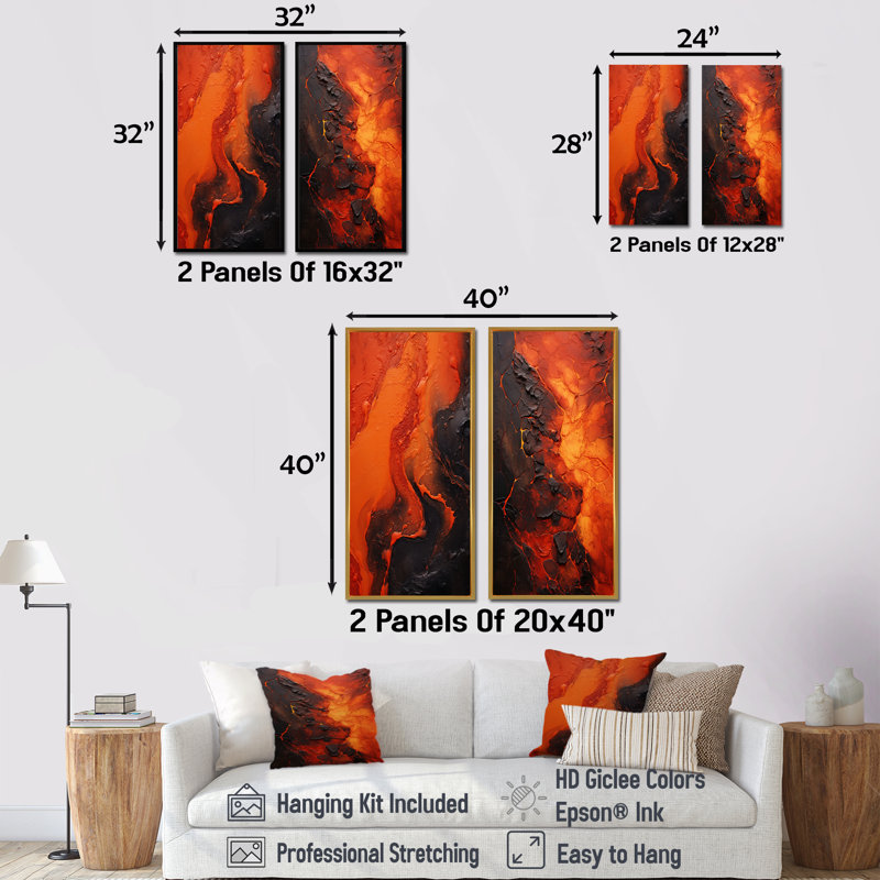 Volcanic Tachisme Fusion I - Tachisme, ensemble de 2 reproductions d'art sur toile, H 28 po x l 25 po, Cadre flottant brun