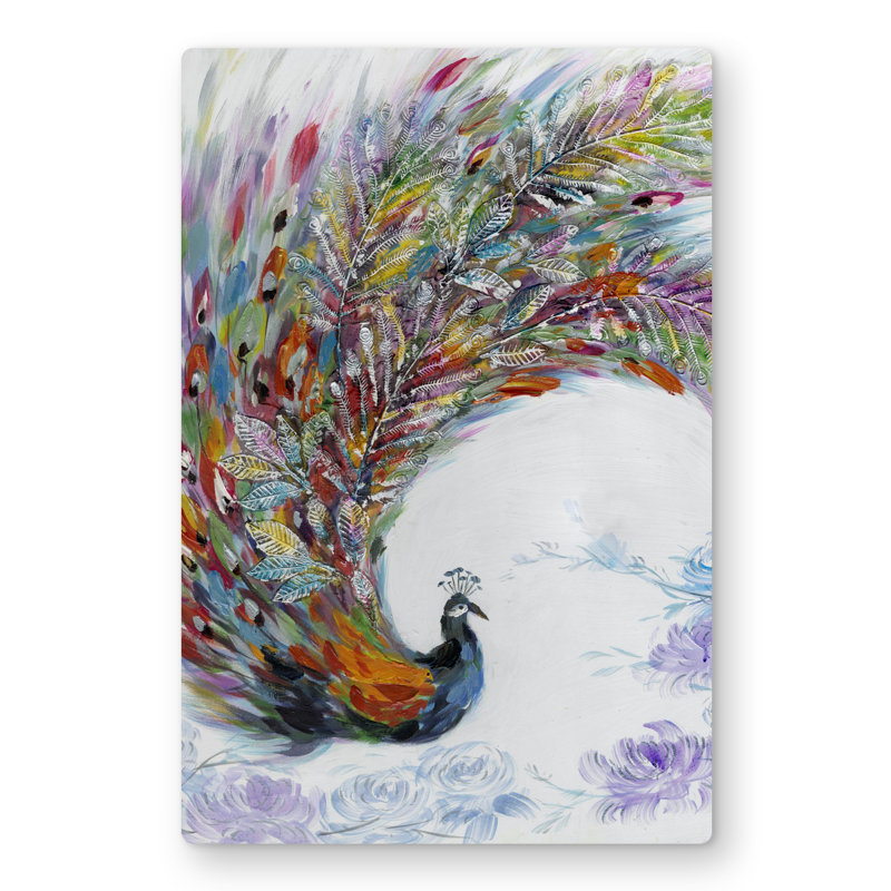 Colorful Peacock with Flowers - Metal Print for Home Decor