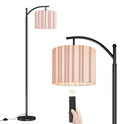 Lampe sur pied à arc avec abat-jour réglable à rayures délicates à bordure festonnée délicate à 3 lumières colorées à intensité variable avec interrupteur au pied pour la chambre à coucher