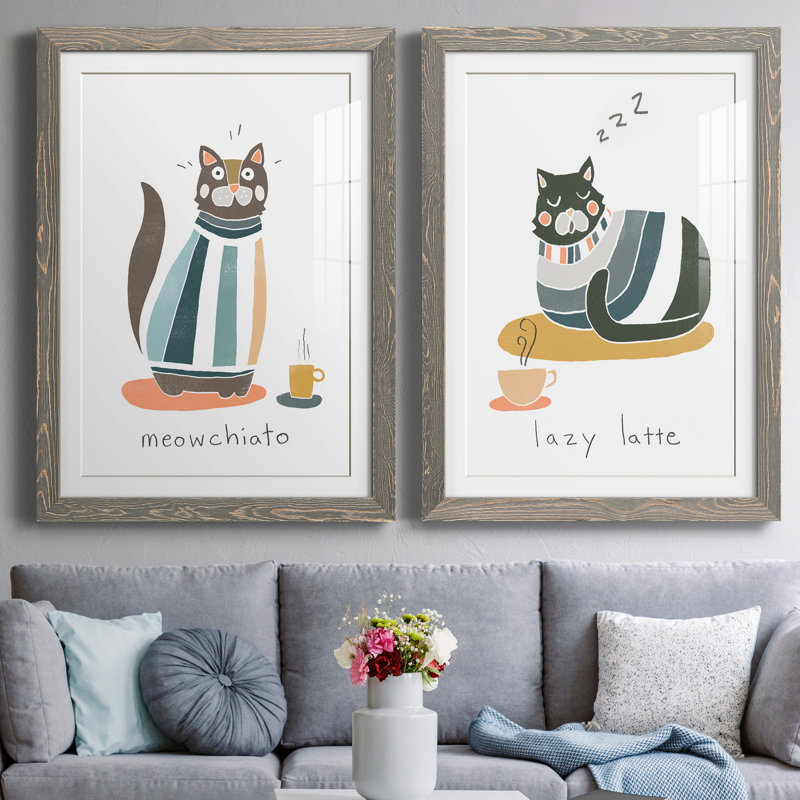 «Coffee Cats», reproduction encadrée - Prêt à accrocher, Cadre en papier gris, H 31,5 po x l 47 po x P 1,5 po