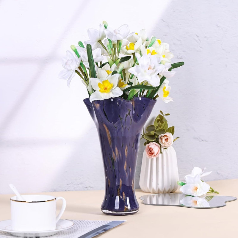 Vase en verre mauve soufflé à la main, vase à fleur large de 9 pouces