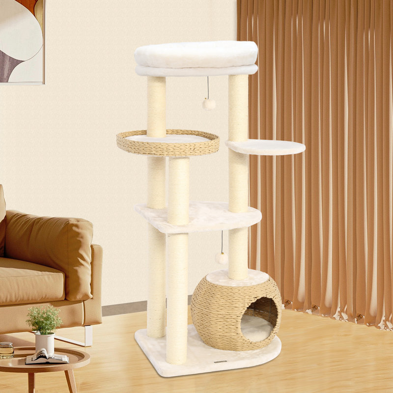 53" Ashawn Cat Tree for Indoor Cats w/Natural Sisal Scratching Posts, Hand-Woven Condo & Top Perch