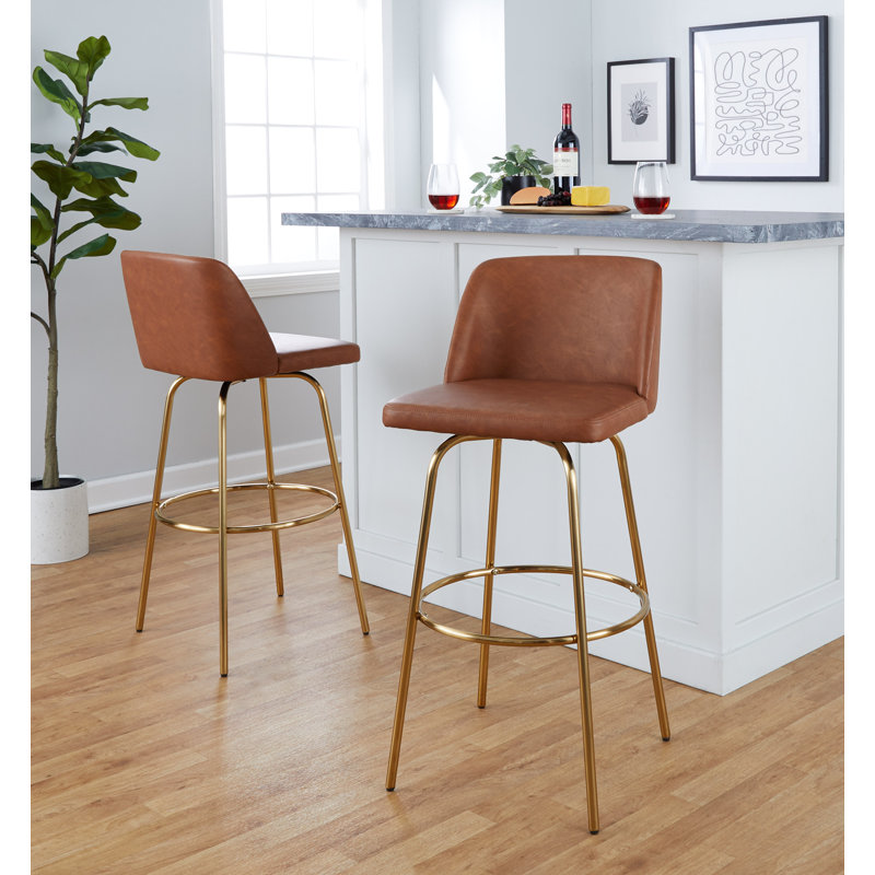 Camel Faux Leather and Gold Metal Swivel Bar Stools