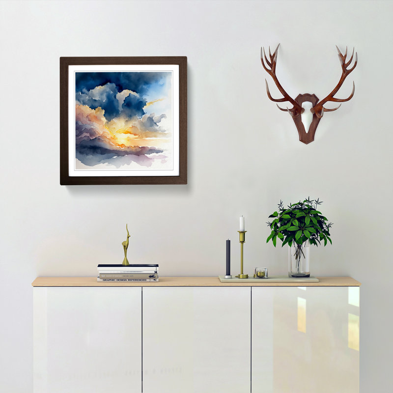 Cloudy Sky Watercolour No.1 - Single Picture Frame Print on Wood, Walnut
