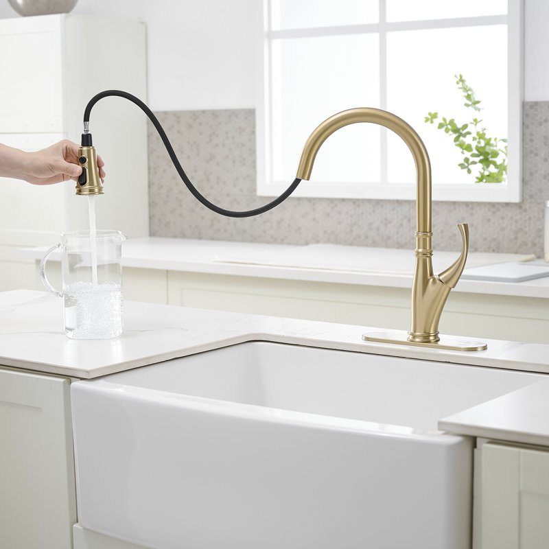 Robinet de cuisine monocommande à bec rétractable et extractible à 3 jets avec plaque de pont en or brossé, Or brossé