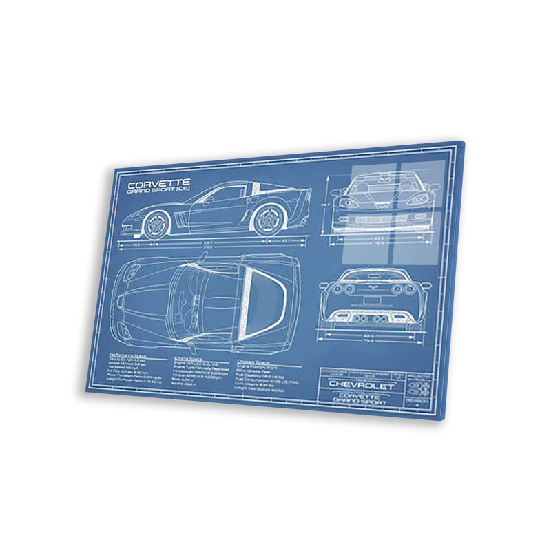 Corvette (C6) Grand Sport, impression noire sur verre acrylique, H 16 po x l 24 po x P 0,25 po, Bleu / blanc