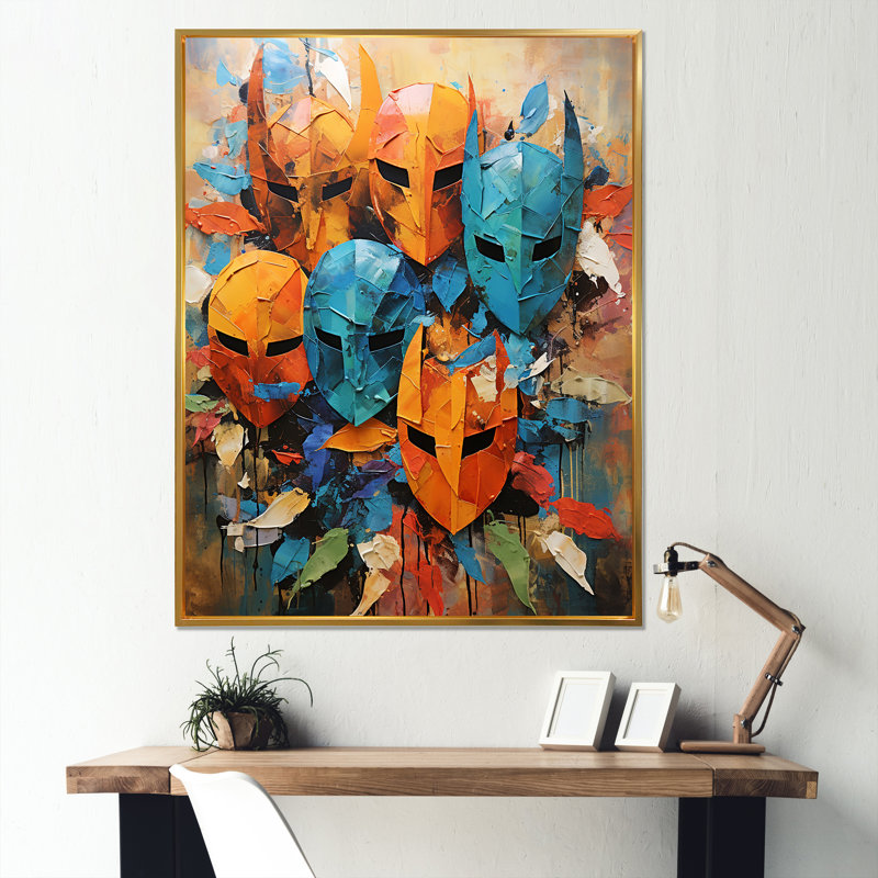 «Blue Antique Warriors Mask I» - art mural militaire, Gold Picture Framed, 20" H x 12" W