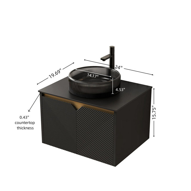 Meuble-lavabo mural de 61 cm (24 po) avec lavabo en verre cristal noir transparent, surface en pierre frittée, portes doubles en sergé, garniture métallique, fermeture amortie, facile d'entretien, durable.