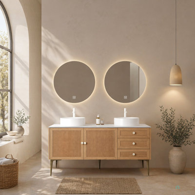 Meuble-lavabo de 60 po avec 2 lavabos, armoire de rangement autoportante en contreplaqué avec 5 pieds en métal, 3 tiroirs et 2 portes, lavabo en céramique sans robinet, pré-assemblé