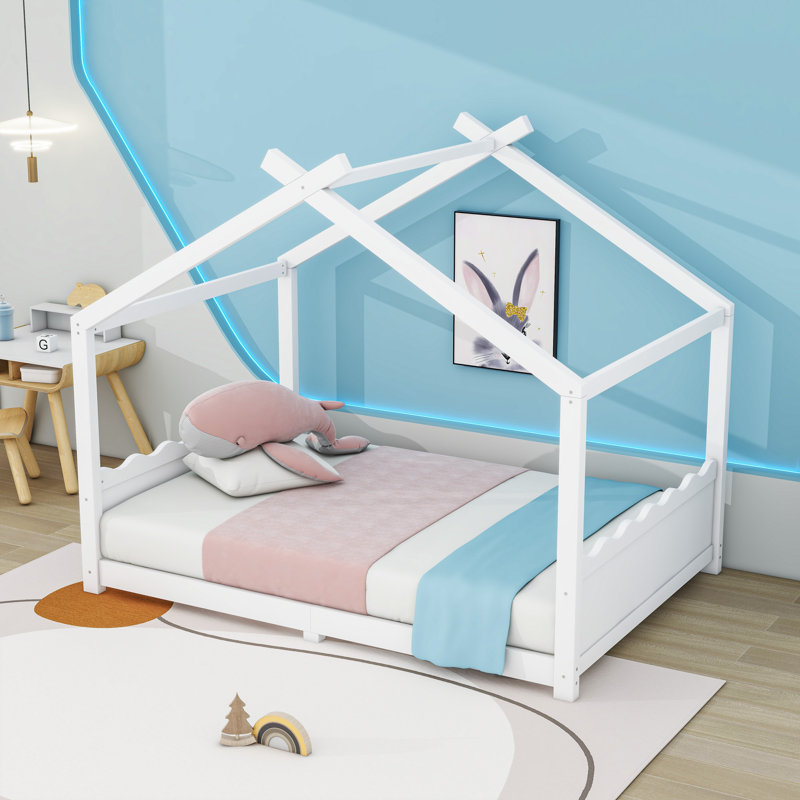 Wood House Floor Bed With Slats, Full, White