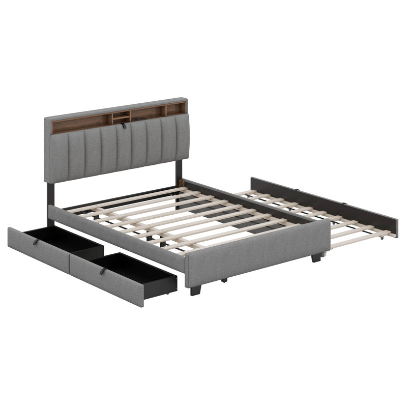 Grand lit plateforme tapissier avec tête de lit, lit gigogne simple TG et 2 tiroirs, gris