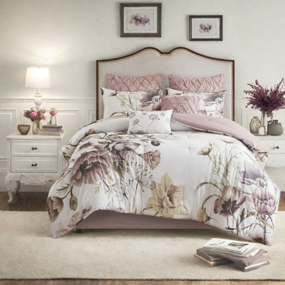 Ensemble de literie en coton 8 pièces, grand floral rosé pour un décor de chambre confortable