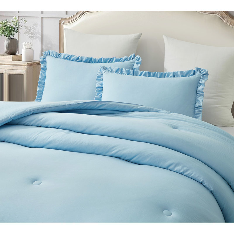 Nora Washed Microfiber Ruffled Comforter Set, Full Comforter + 2 Standard Shams, Chambray
