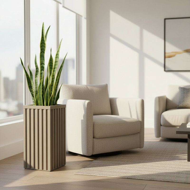 Square Grove Column Planter - White, Brown Gray
