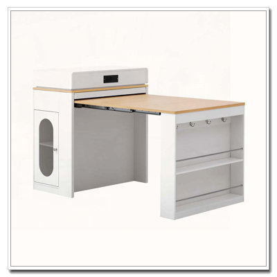 Extendable Dining Table with Folding Tabletop, Bar Table with Drawers and Power Outlet, Kitchen Island with Wheels and Hooks