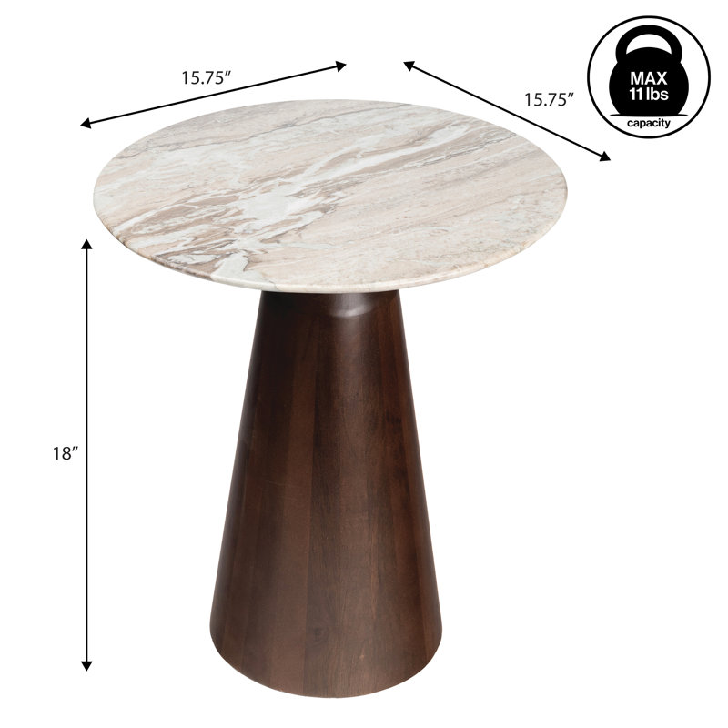 Kaito 18" Rustic Minimalist Round Marble/Wood Accent Table, Walnut Wood