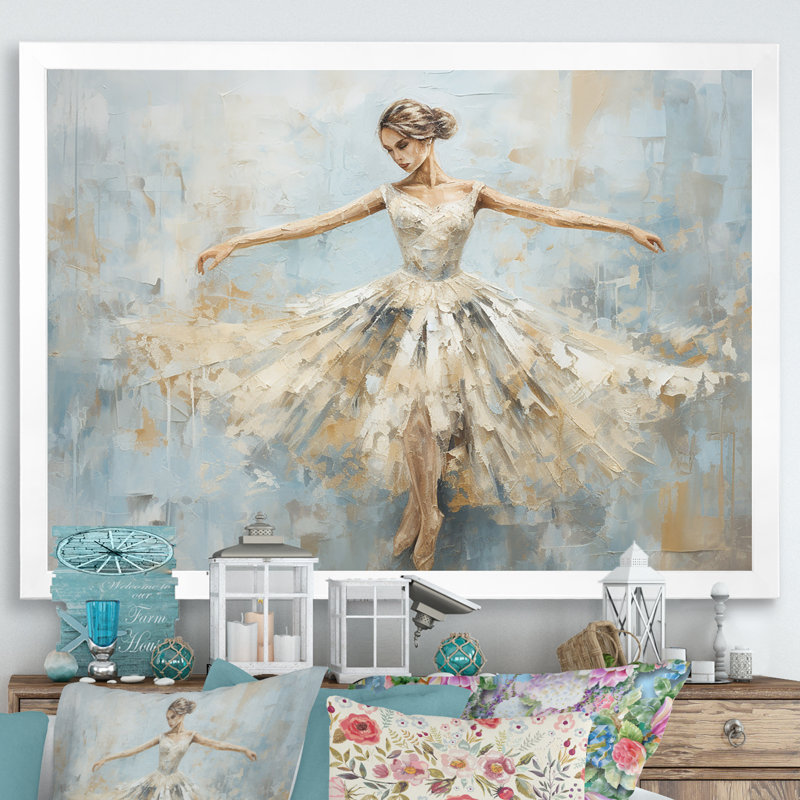 Beige doré minimalisme ballerine - ballet, art mural, Cadre blanc, H 16 po x l 32 po x P 1 po