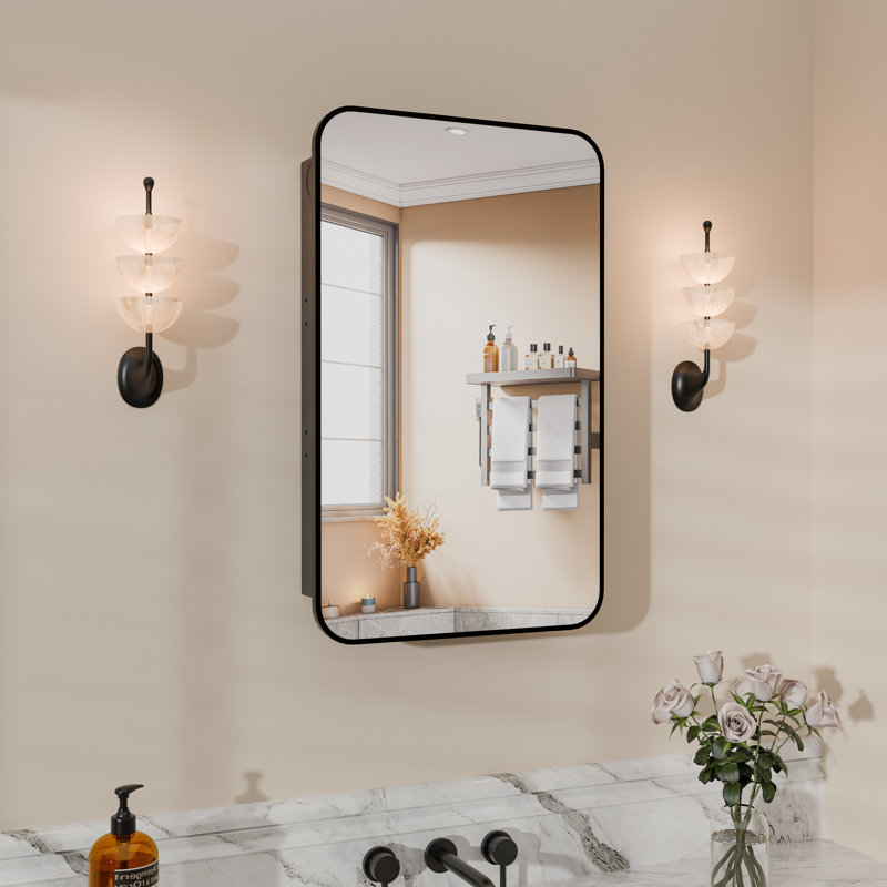 Recessed & Surface Mount Framed Medicine Cabinet with Mirror, Modern Bathroom Wall Cabinet with Adjustable Shelves in Black