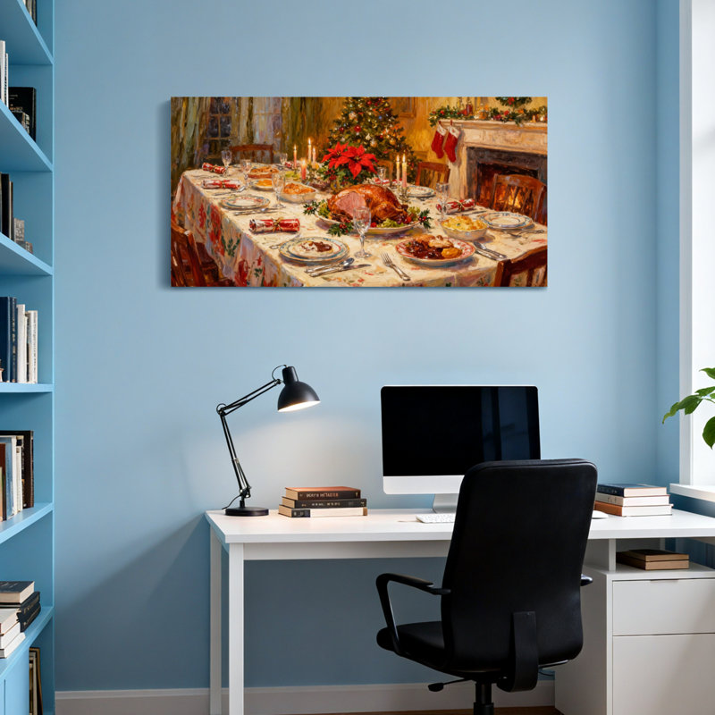 Scène de table de Noël avec dinde et décorations de Noël, H 24 po x l 48 po