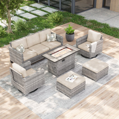 6-Pieces Patio Sofa Sets with 45'' Fire Pit Table, PE Rattan Wicker Swivel Rocking Chairs for Patio , Deck and Yard