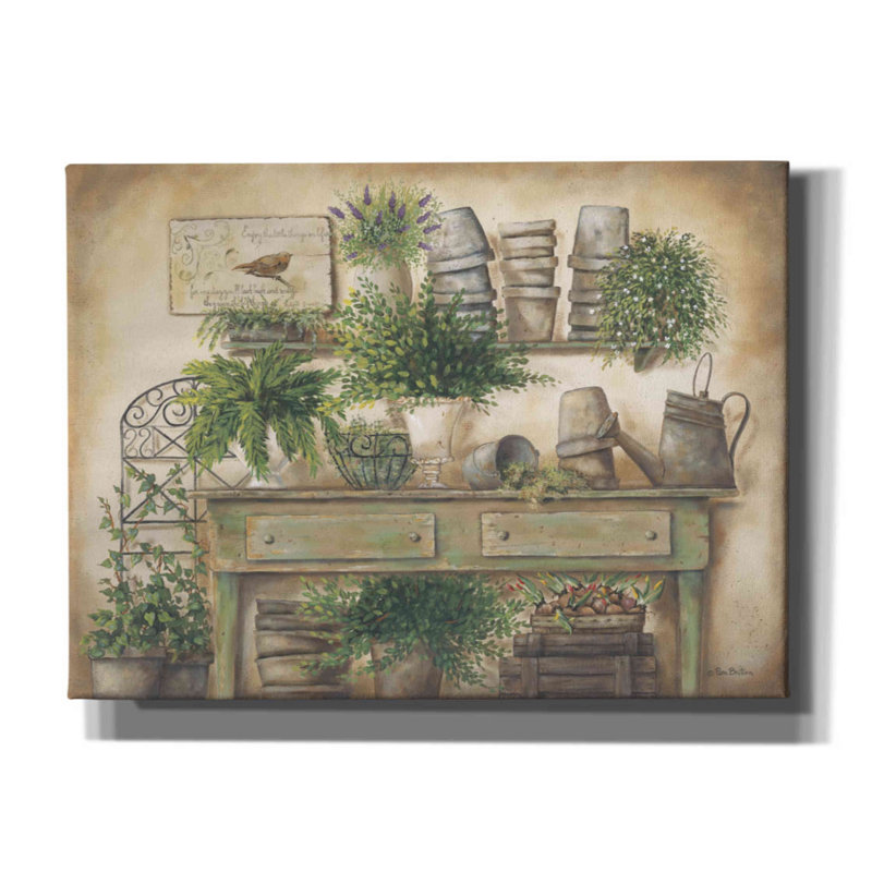 «Potting Bench I» par Pam Britton, art mural sur toile, H 40 po x l 54 po x P 1,5 po