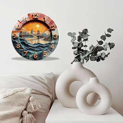 Horloge murale silencieuse en verre trempé de 30 cm, « Horloge en bois artisanale avec motif de pont pittoresque », sans tic-tac, fonctionne avec des piles (piles AA non comprises), décoration artistique pour la maison
