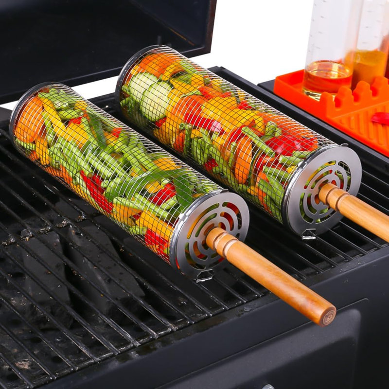 Paniers à roulettes (2 pièces), poignée en bois amovible, acier inoxydable 304, filet de cuisson gigogne, accessoires pour barbecue pour crevettes, camping en plein air, cadeaux d'anniversaire pour les hommes / papa / mari