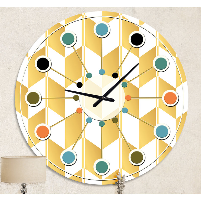 Or et blanc motif géométrique I - horloge murale moderne Mid-Century, Moyenne