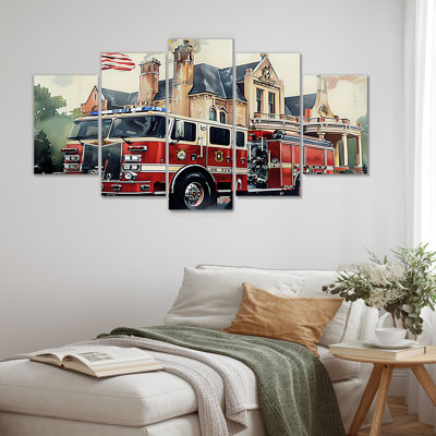 Fire Truck In The Hamptons I - Fireman Wall Art Print Set