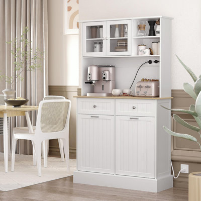 68" Kitchen Pantry Storage Cabinet With Charging Station, 2 Tilt Out Trash Cabinets And Microwave Stand, Freestanding Kitchen Hutch With Glass Doors A