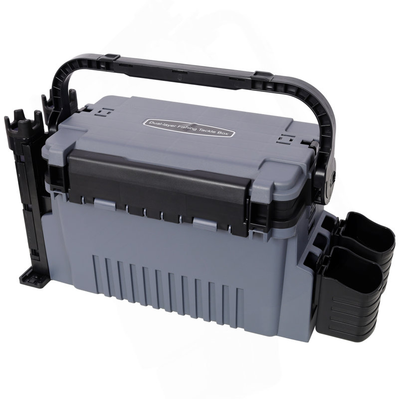 Dual-Layer Fishing Tackle Box,Tackle Box Organizer Fishing Box Large,With 2Pcs Rod Holder,2Pcs Cup Holder,1Pc Carring Strap,Gray