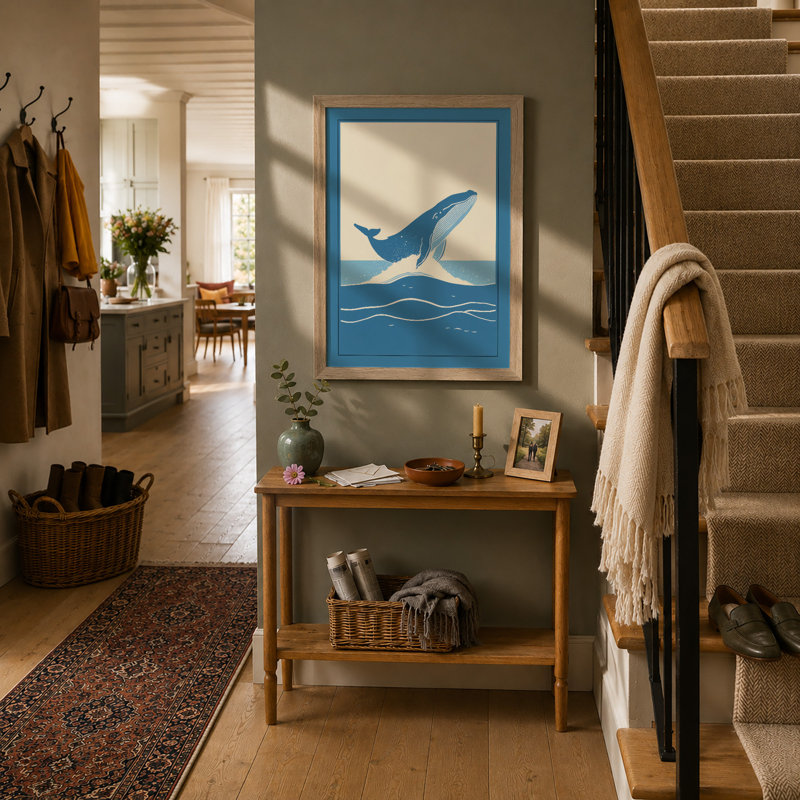 Breaching Whale Coastal - Framed Print, A4 - 29.7 x 21.0 cm, Oak