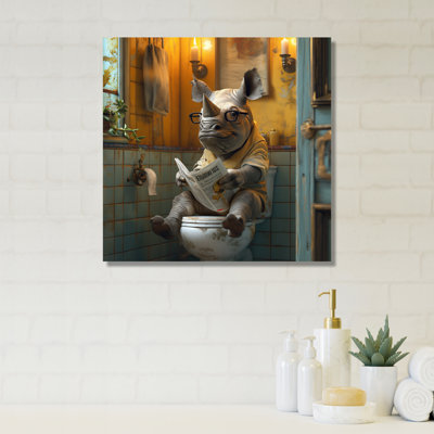 Rhino avec lunettes lisant le journal sur la toilette - Art mural de toilette